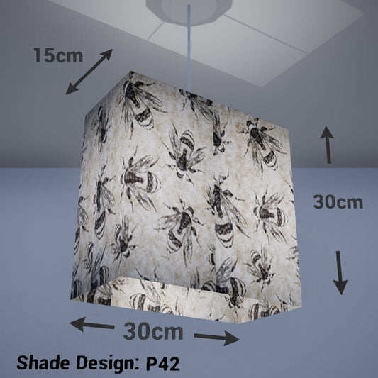 Rectangle Lamp Shade - P42 - Bees Screen Print on Natural Lokta, 30cm(w) x 30cm(h) x 15cm(d) - Imbue Lighting