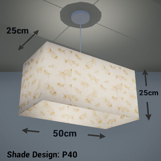 Rectangle Lamp Shade - P40 - Gold Fish Screen Print on Natural Lokta, 50cm(w) x 25cm(h) x 25cm(d) - Imbue Lighting