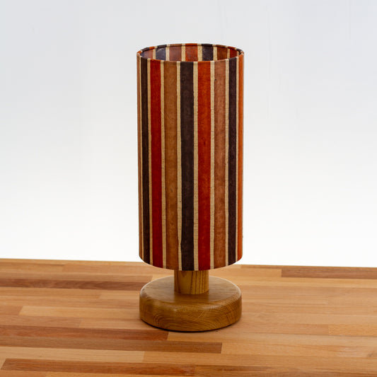 Round Oak Table Lamp with 15cm x 30cm Drum Lampshade in P07 ~ Batik Stripes Brown