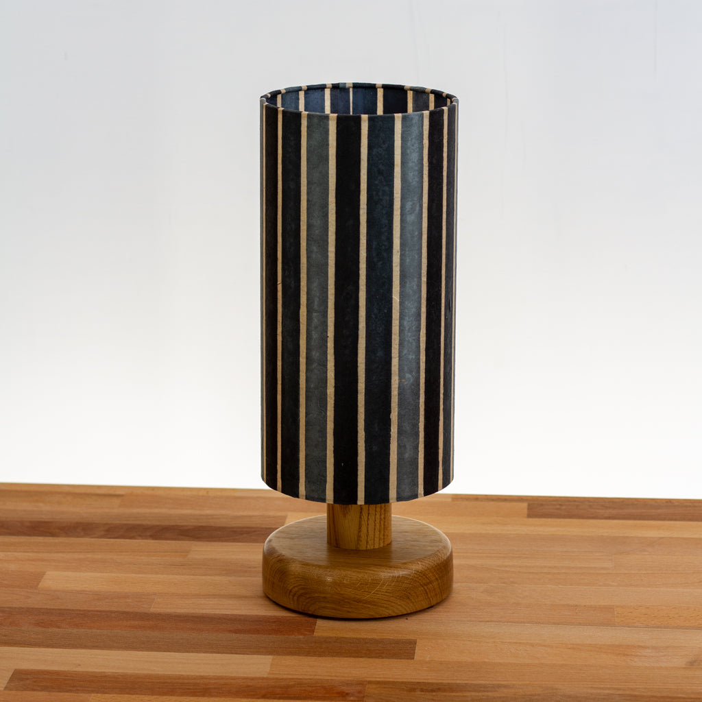 Round Oak Table Lamp with 15cm x 30cm Drum Lampshade in P08 ~ Batik Stripes Grey