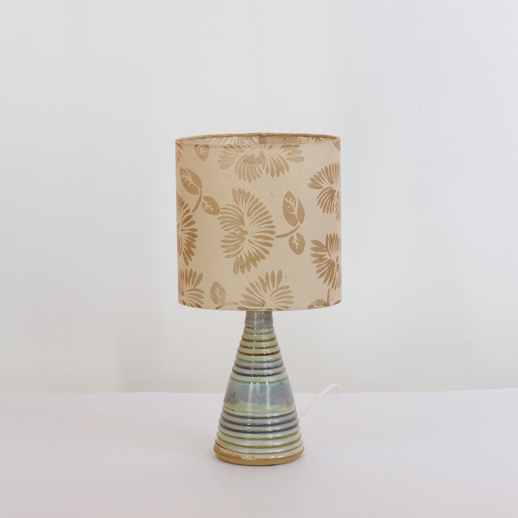 Stoneware Table Lamp Base with Blue/Green Glaze (P09) Batik Peony on Natural Oval Lampshade