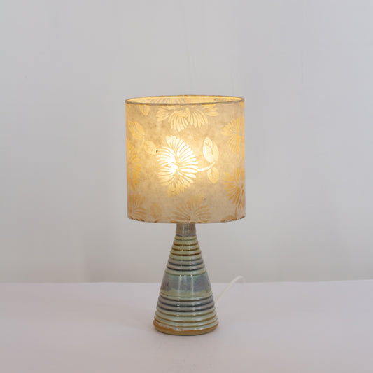 Stoneware Table Lamp Base with Blue/Green Glaze (P09) Batik Peony on Natural Oval Lampshade