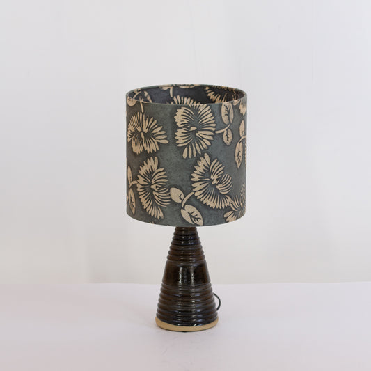 Stoneware Table Lamp Base with Dark Glaze (B119) Batik Peony Grey Drum Lampshade