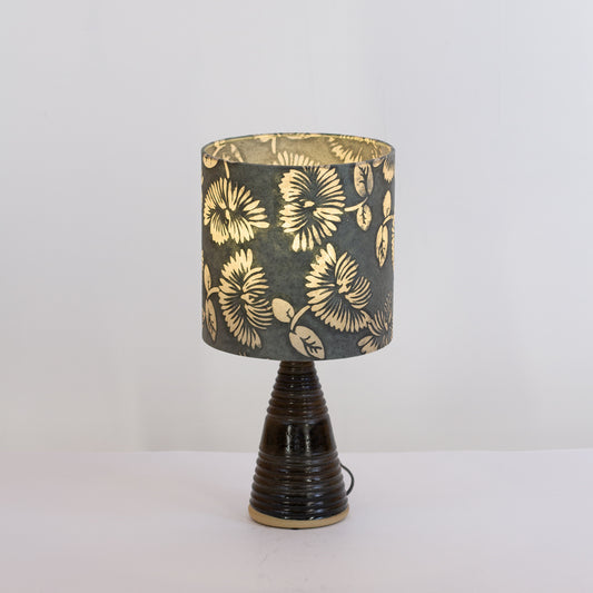Stoneware Table Lamp Base with Dark Glaze (B119) Batik Peony Grey Drum Lampshade
