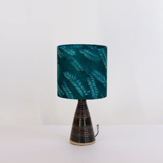 Stoneware Table Lamp Base with Dark Glaze (B106) Resistance Dyed Teal Fern Oval Lampshade