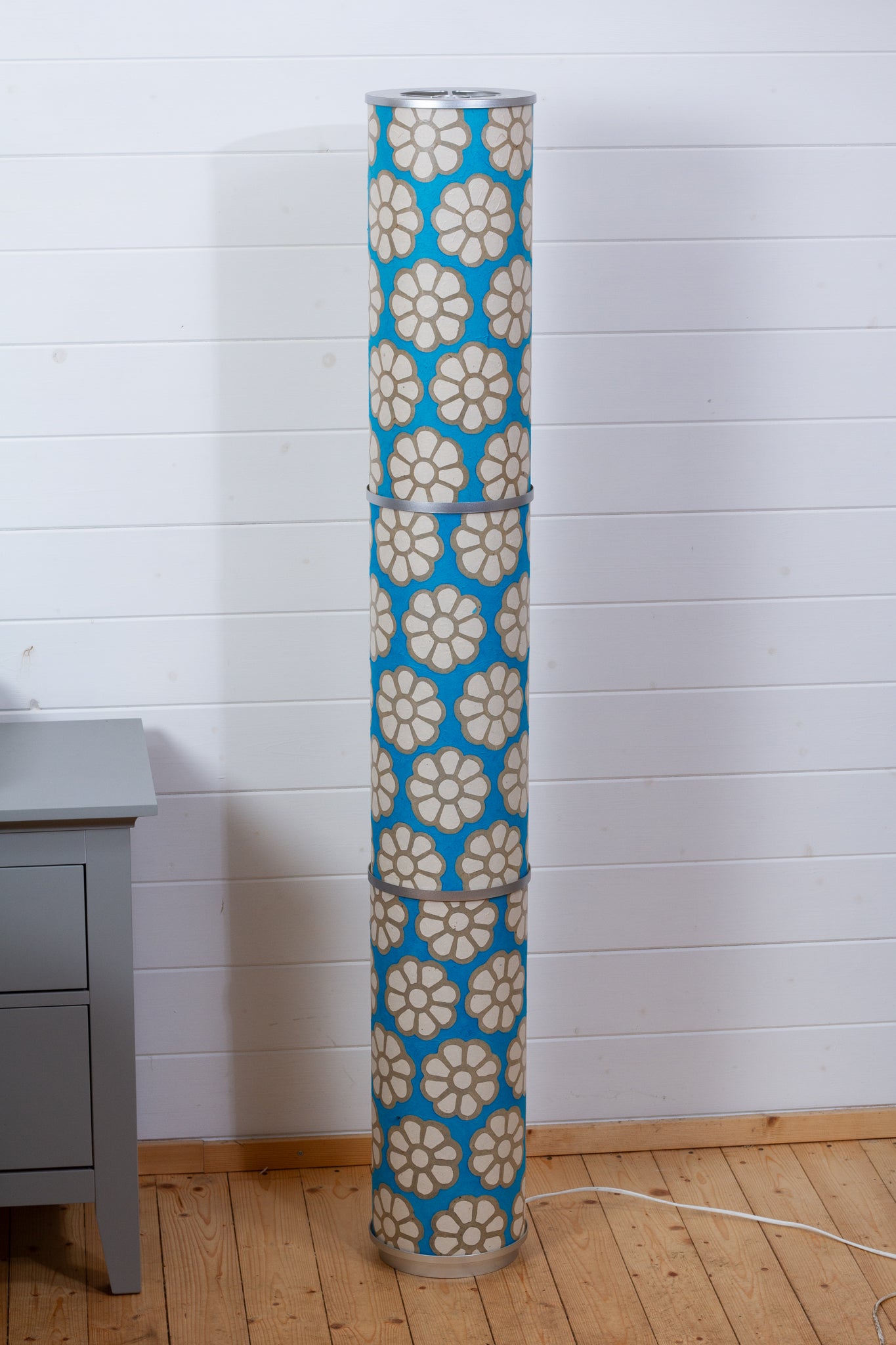 3 Panel Floor Lamp - P23 - Batik Big Flower on Teal, 20cm(d) x 1.4m(h)