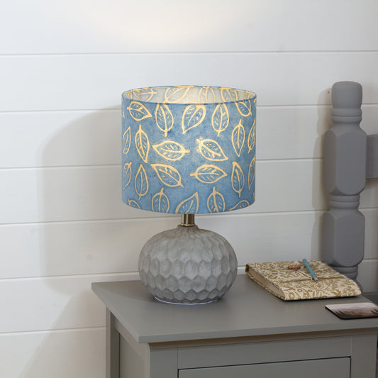 Rola Round Ceramic Table Lamp Base in Grey ~ Drum Lamp Shade 25cm(d) x 20cm(h) P31 ~ Batik Leaf on Blue