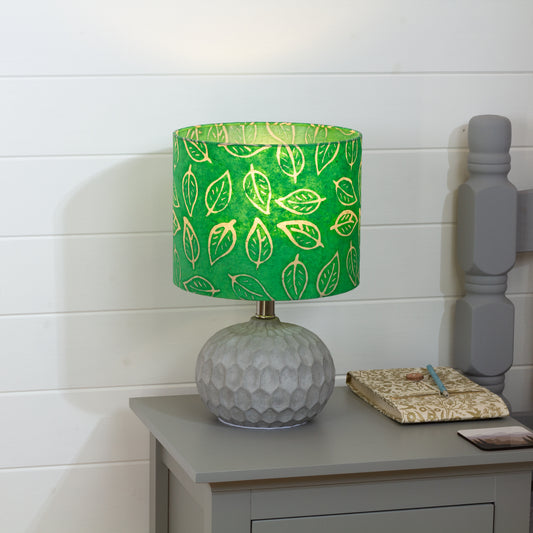 Rola Round Ceramic Table Lamp Base in Grey ~ Drum Lamp Shade 25cm(d) x 20cm(h) B126 ~ Batik Leaf Bright Green