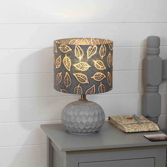 Rola Round Ceramic Table Lamp Base in Grey ~ Drum Lamp Shade 25cm(d) x 20cm(h) B124 ~ Batik Leaf Grey