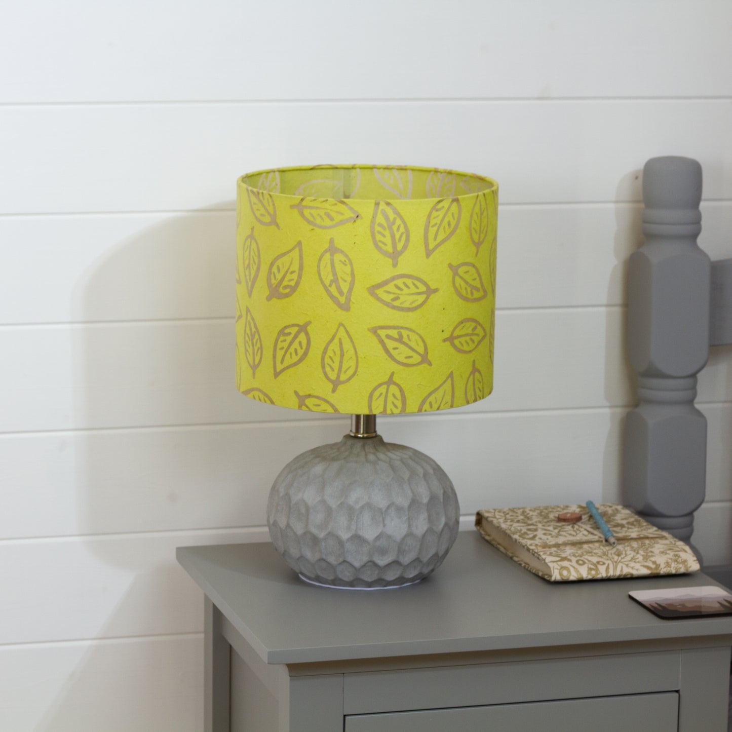 Rola Round Ceramic Table Lamp Base in Grey ~ Drum Lamp Shade 25cm(d) x 20cm(h) B117 ~ Batik Leaf Lime