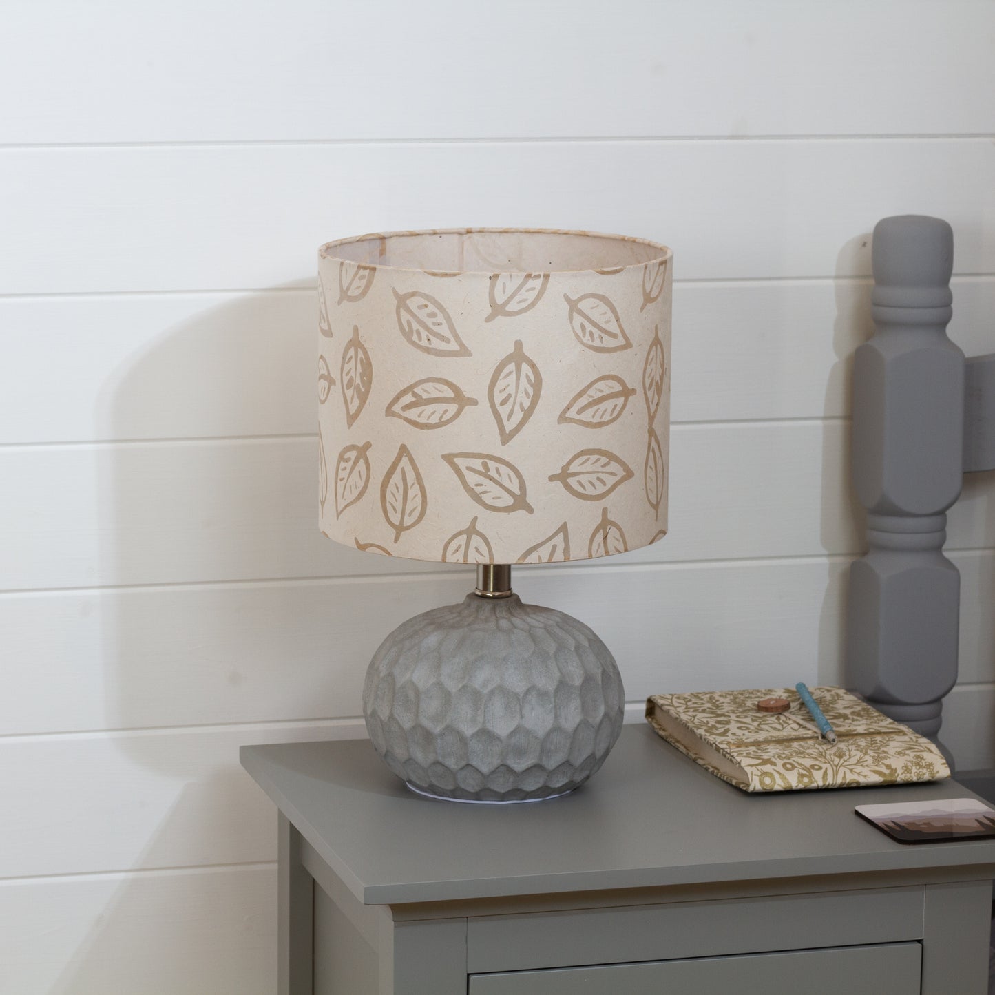 Rola Round Ceramic Table Lamp Base in Grey ~ Drum Lamp Shade 25cm(d) x 20cm(h) P28 - Batik Leaf on Natural