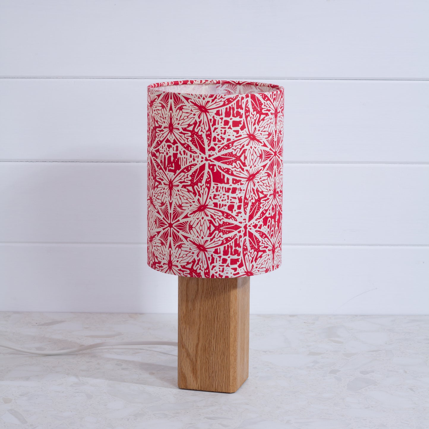 Square Oak Table Lamp with 15cm Drum Lamp Shade B137 ~ Butterfly Kaleidoscope Red