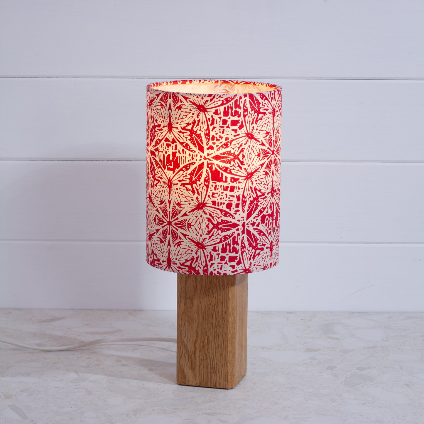 Square Oak Table Lamp with 15cm Drum Lamp Shade B137 ~ Butterfly Kaleidoscope Red