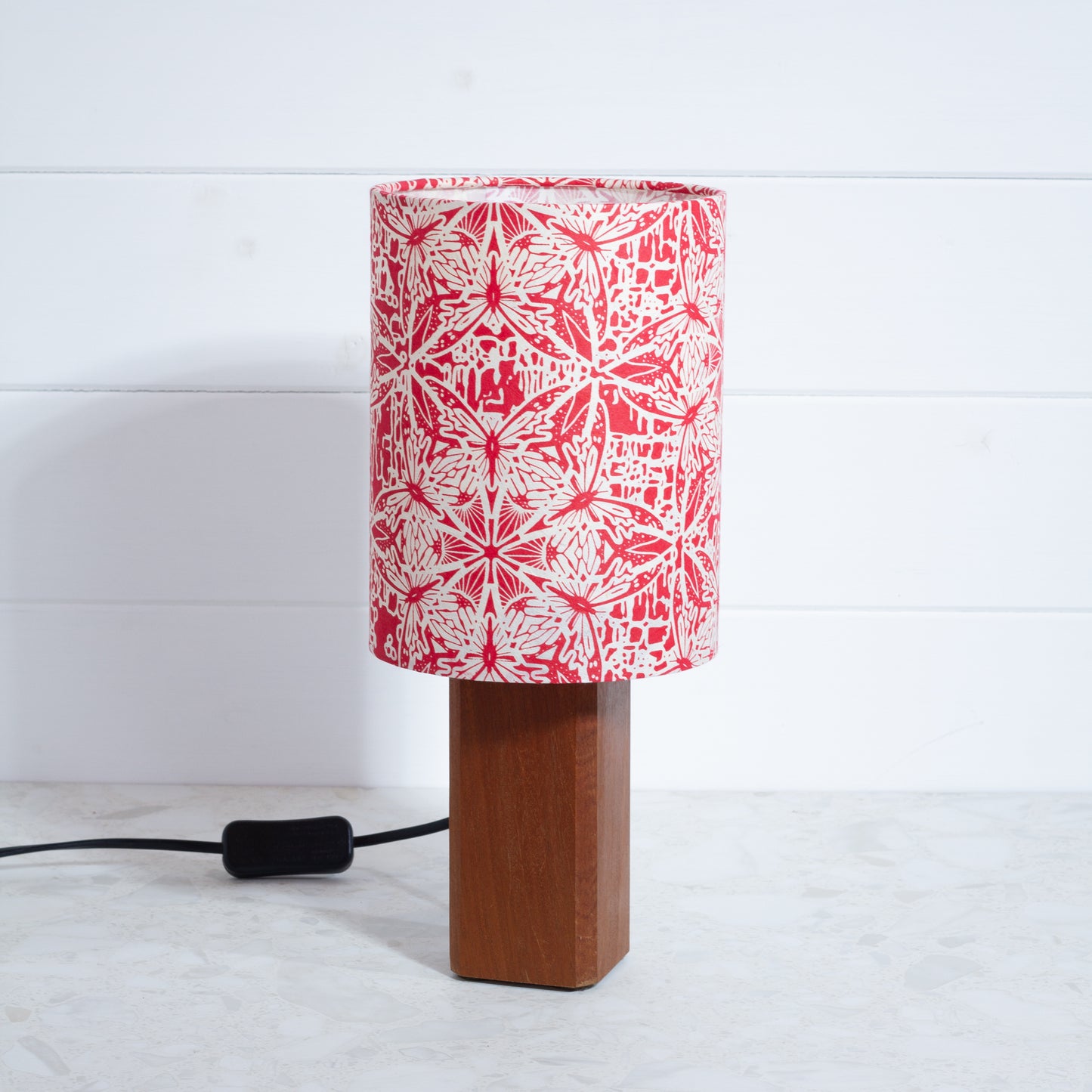 Square Sapele Table Lamp with 15cm Drum Lamp Shade B137 ~ Butterfly Kaleidoscope Red