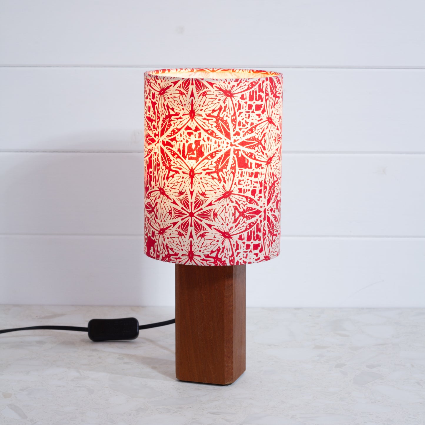 Square Sapele Table Lamp with 15cm Drum Lamp Shade B137 ~ Butterfly Kaleidoscope Red