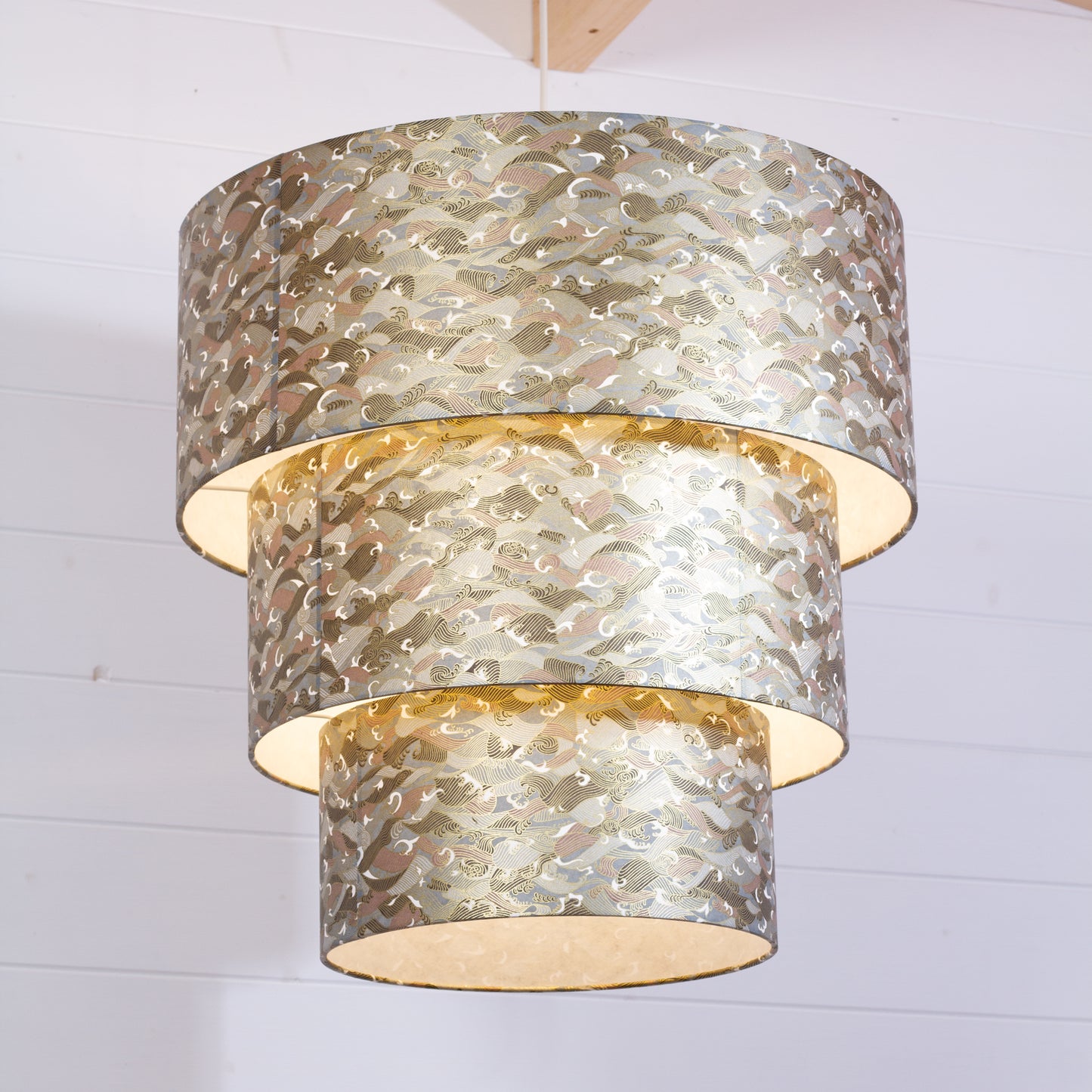 3 Tier Lamp Shade - W03 - Gold Waves on Greys, 50cm x 20cm, 40cm x 17.5cm & 30cm x 15cm