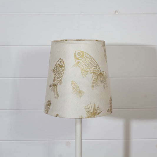 Conical Lamp Shade P40 - Gold Fish Screen Print on Natural Lokta, 15cm(top) x 20cm(bottom) x 20cm(height)