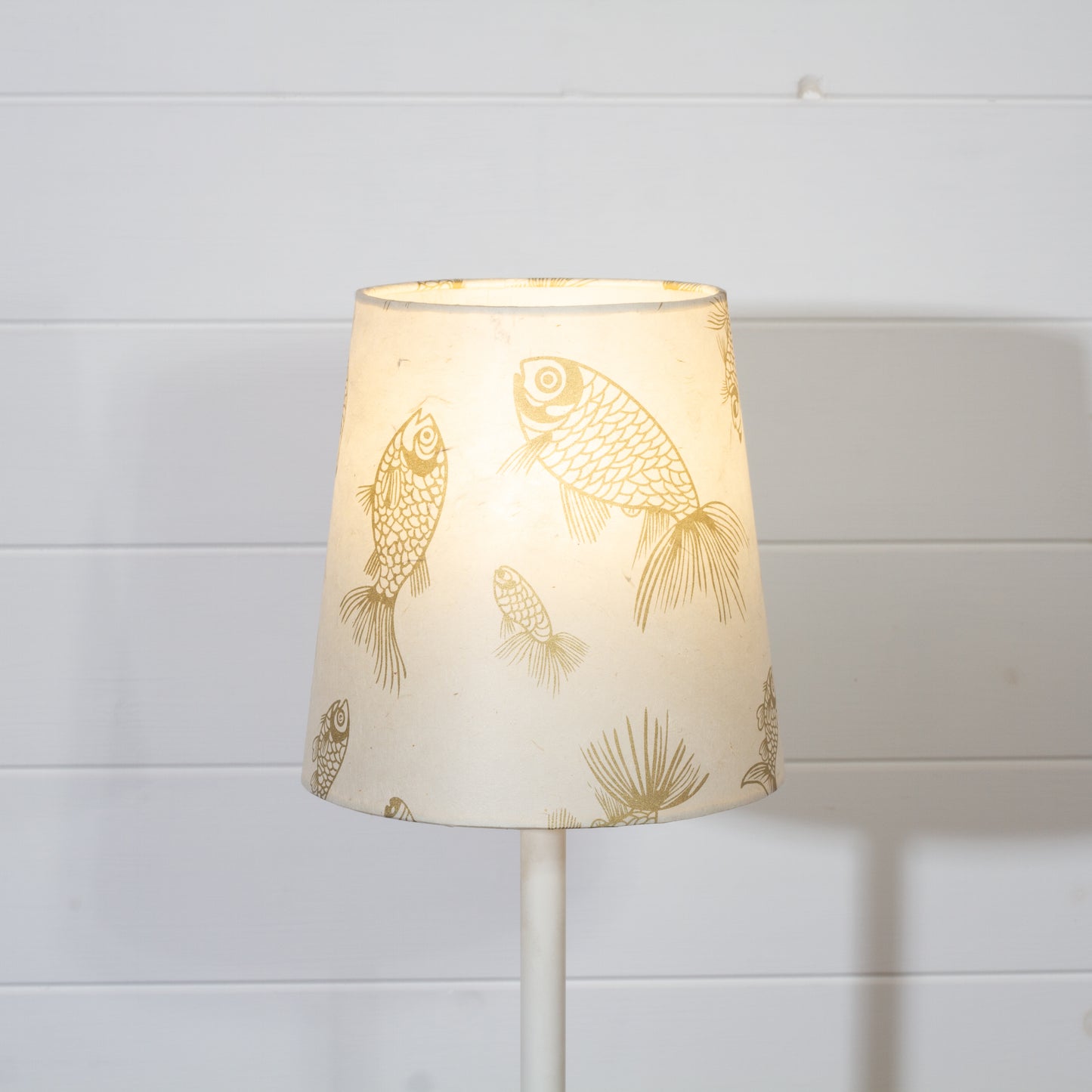 Conical Lamp Shade P40 - Gold Fish Screen Print on Natural Lokta, 15cm(top) x 20cm(bottom) x 20cm(height)