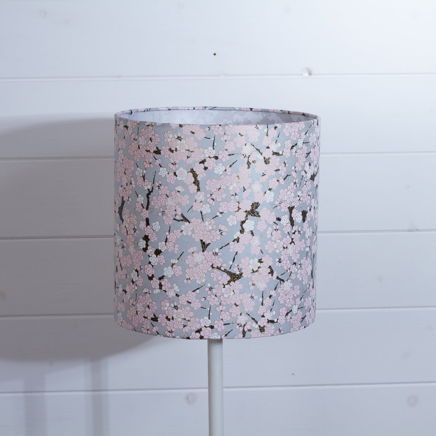 Drum Lamp Shade - W02 - Pink Cherry Blossom on Grey, 25cm x 25cm