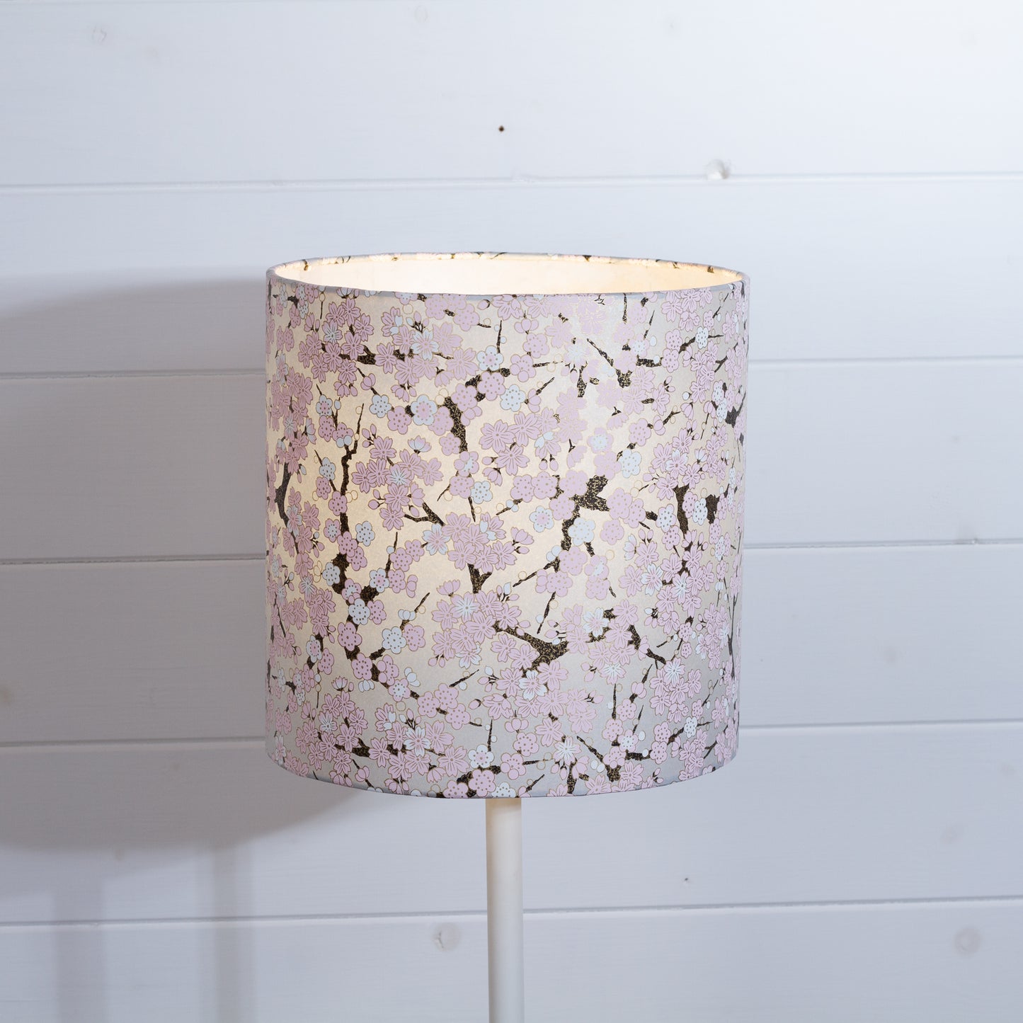 Drum Lamp Shade - W02 - Pink Cherry Blossom on Grey, 25cm x 25cm