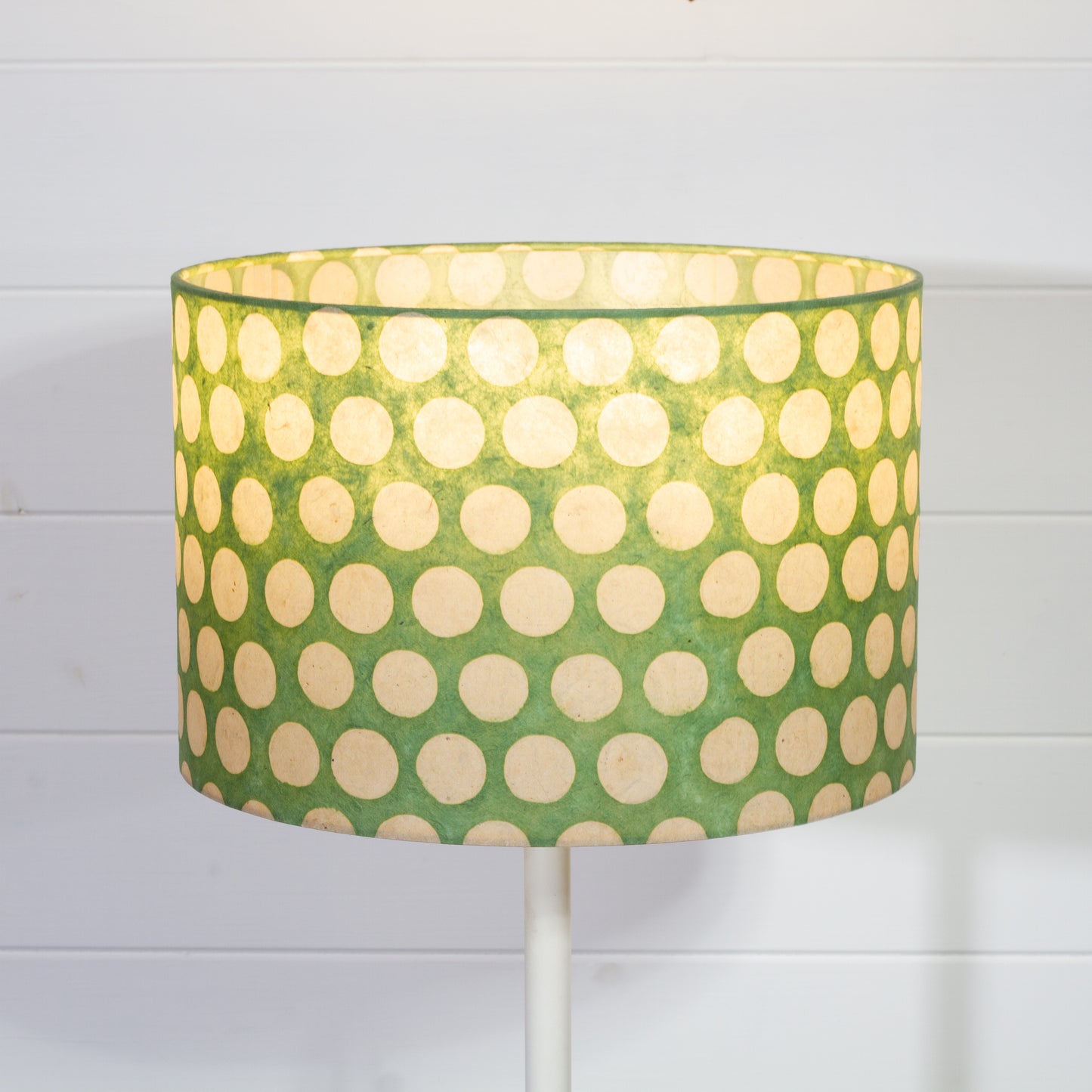 Drum Lamp Shade - P87 ~ Batik Dots on Green, 30cm(d) x 20cm(h)