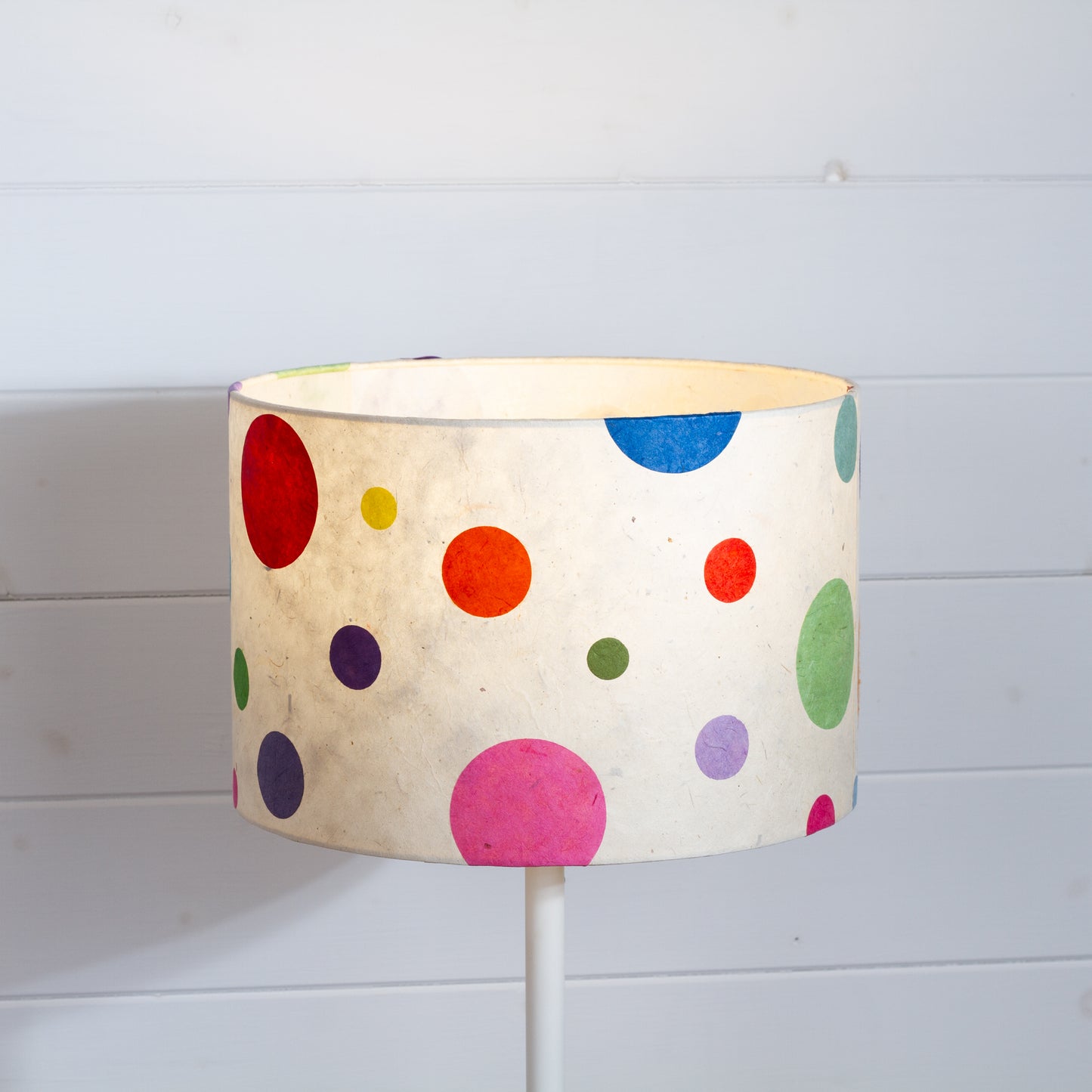 Drum Lamp Shade - P39 - Polka Dots on Natural Lokta, 30cm(d) x 20cm(h)