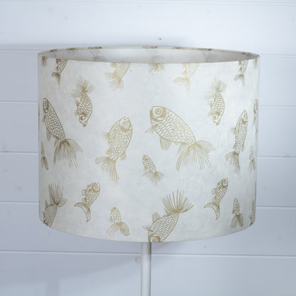 Drum Lamp Shade - P40 - Gold Fish Screen Print on Natural Lokta, 40cm(d) x 30cm(h)