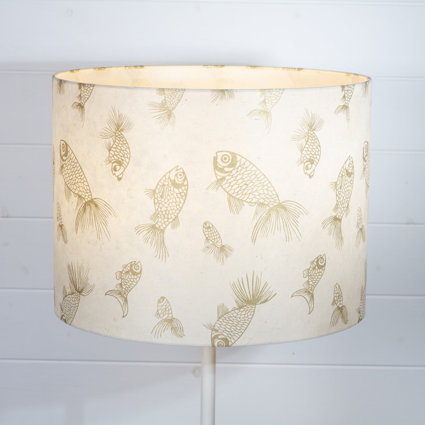 Drum Lamp Shade - P40 - Gold Fish Screen Print on Natural Lokta, 40cm(d) x 30cm(h)