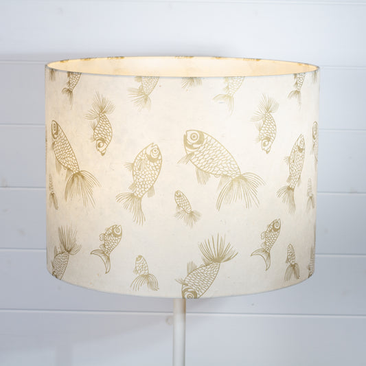 Drum Lamp Shade - P40 - Gold Fish Screen Print on Natural Lokta, 40cm(d) x 30cm(h)