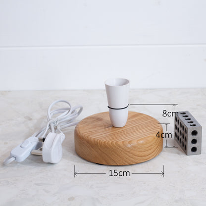 Round Oak Table Lamp Flat with 15cm x 30cm Drum Lampshade in B106 ~ Resistance Dyed Teal Fern