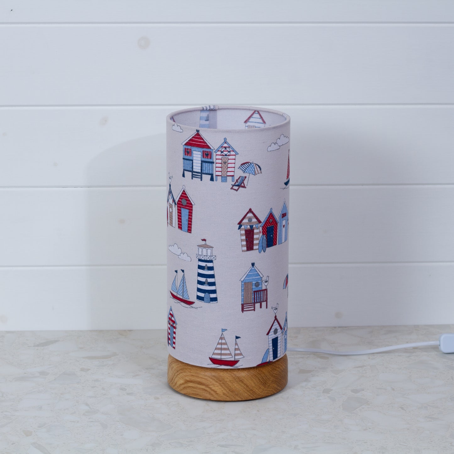 Round Oak Table Lamp (15cm) with 15cm x 30cm Drum Lampshade in F130 Beach Huts Fabric