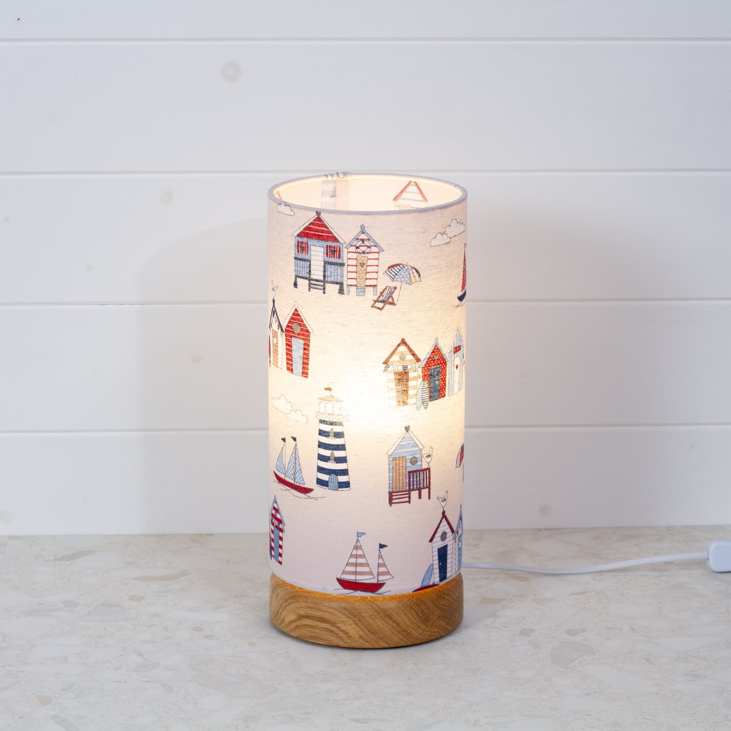 Round Oak Table Lamp (15cm) with 15cm x 30cm Drum Lampshade in F130 Beach Huts Fabric