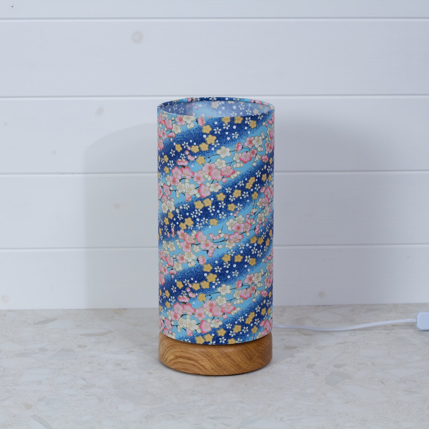 Round Oak Table Lamp (15cm) with 15cm x 30cm Drum Lampshade in F120 ~ Cherry Blossom Blues Fabric