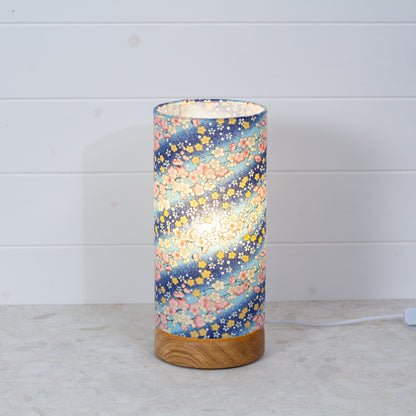 Round Oak Table Lamp (15cm) with 15cm x 30cm Drum Lampshade in F120 ~ Cherry Blossom Blues Fabric