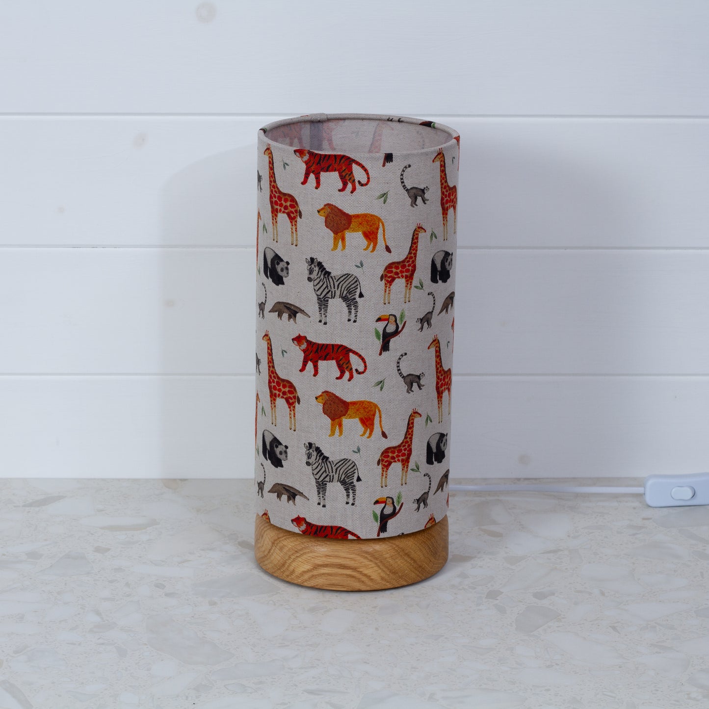 Round Oak Table Lamp (15cm) with 15cm x 30cm Drum Lampshade in F100 ~ Zoo Animals Fabric