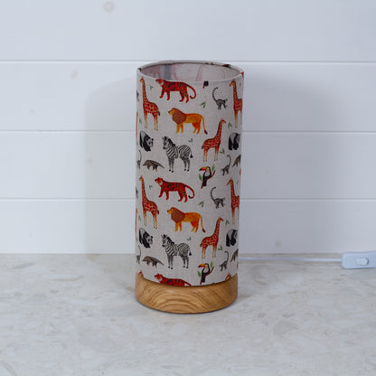 Round Oak Table Lamp (15cm) with 15cm x 30cm Drum Lampshade in F100 ~ Zoo Animals Fabric