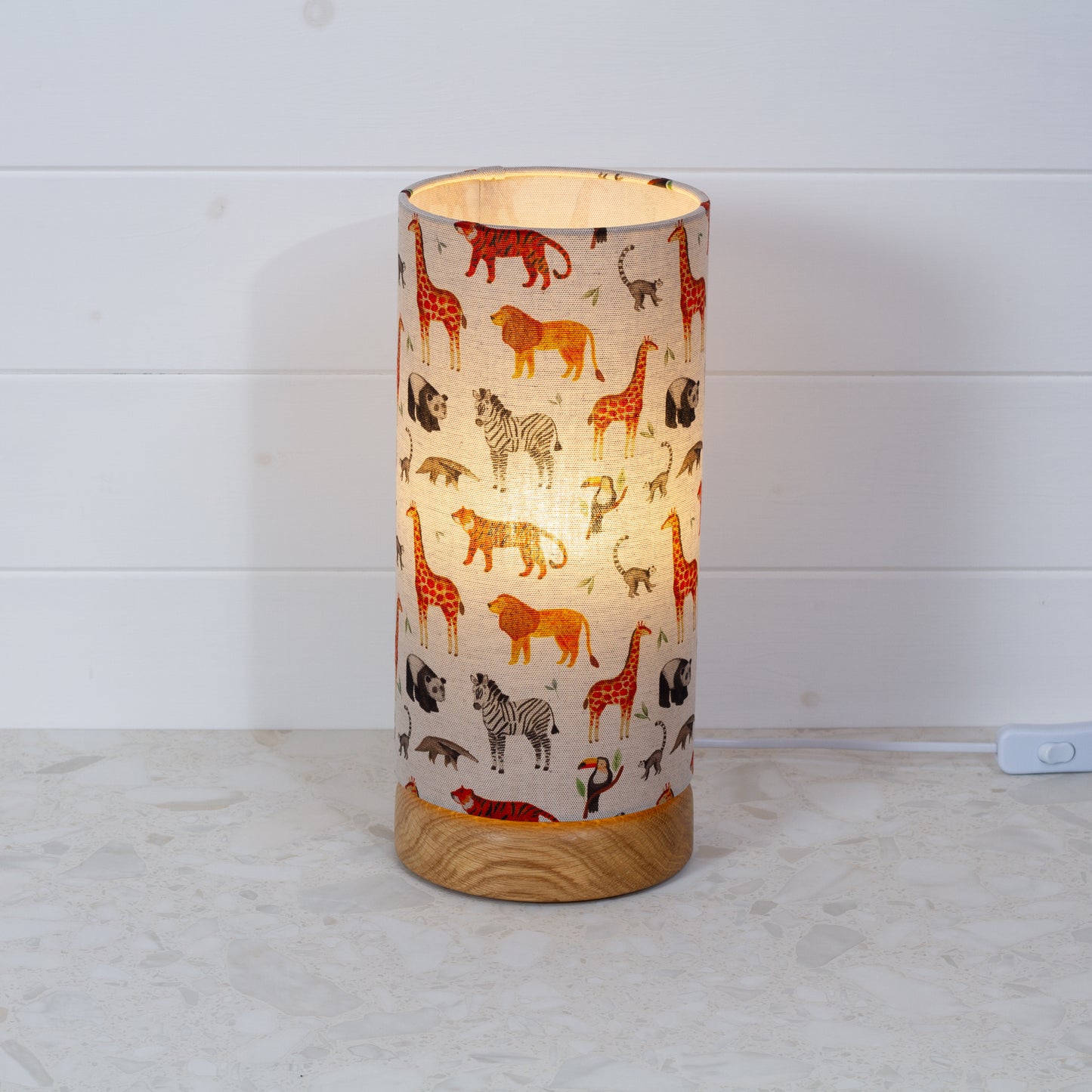 Round Oak Table Lamp (15cm) with 15cm x 30cm Drum Lampshade in F100 ~ Zoo Animals Fabric