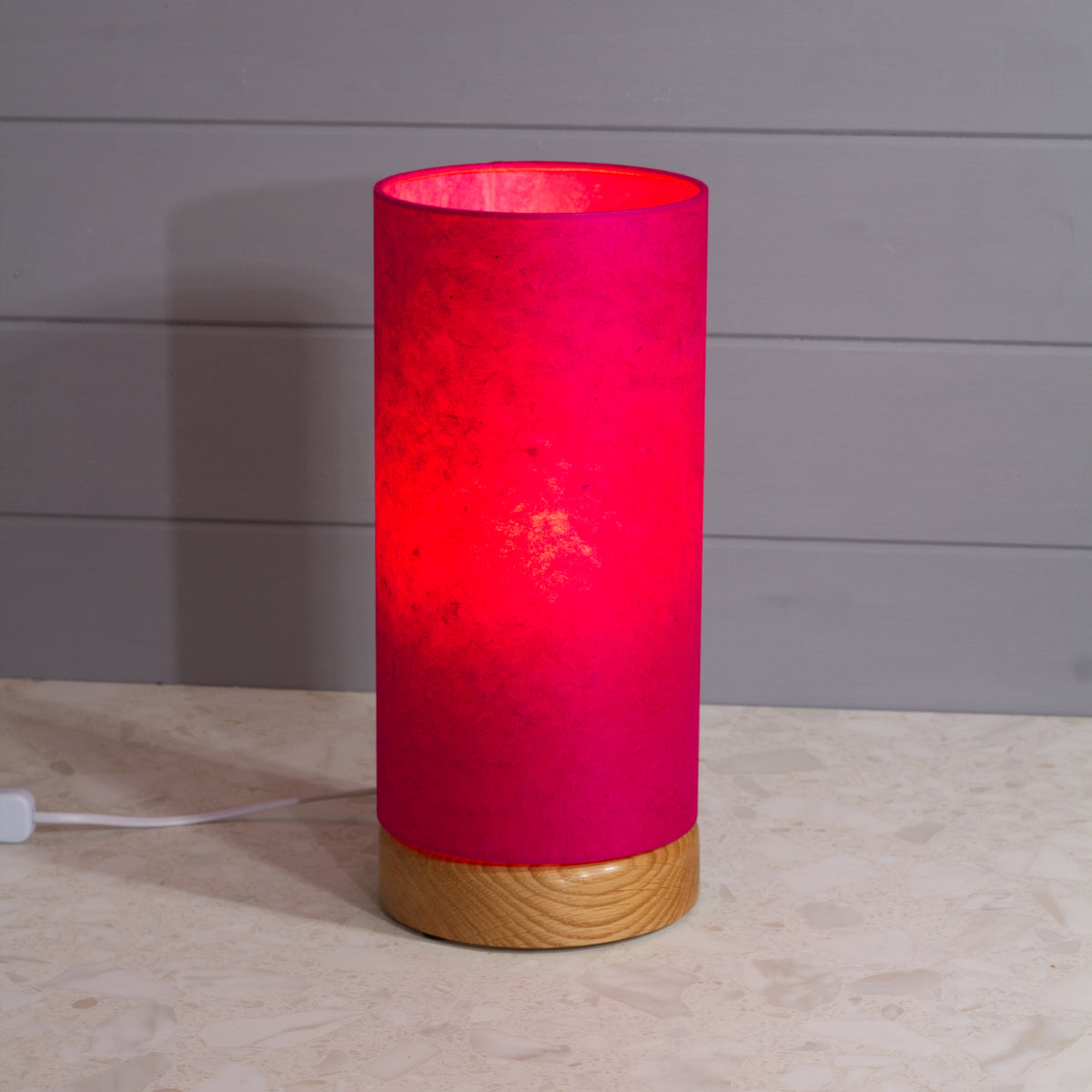 Flat Round Oak Table Lamp with 15cm x 30cm Lampshade in P57 ~ Hot Pink Lokta