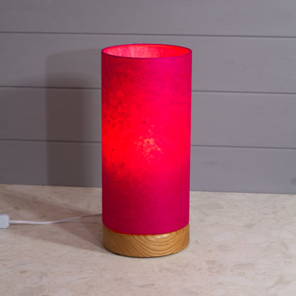 Flat Round Oak Table Lamp with 15cm x 30cm Lampshade in P57 ~ Hot Pink Lokta