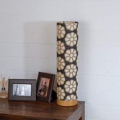 Flat Round Oak Table Lamp with 15cm x 60cm Lampshade in P24 ~ Batik Big Flower on Black