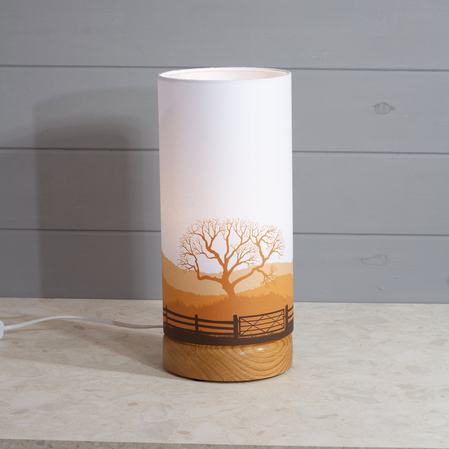 Landscape Gate Print, Flat Oak Table Lamp with Drum Shade (15x30cm) ~ 9 Colour options