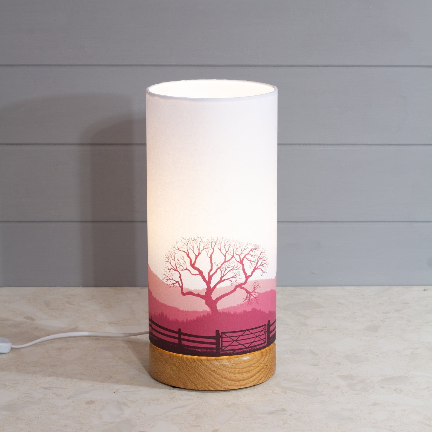 Landscape Gate Print, Flat Oak Table Lamp with Drum Shade (15x30cm) ~ 9 Colour options