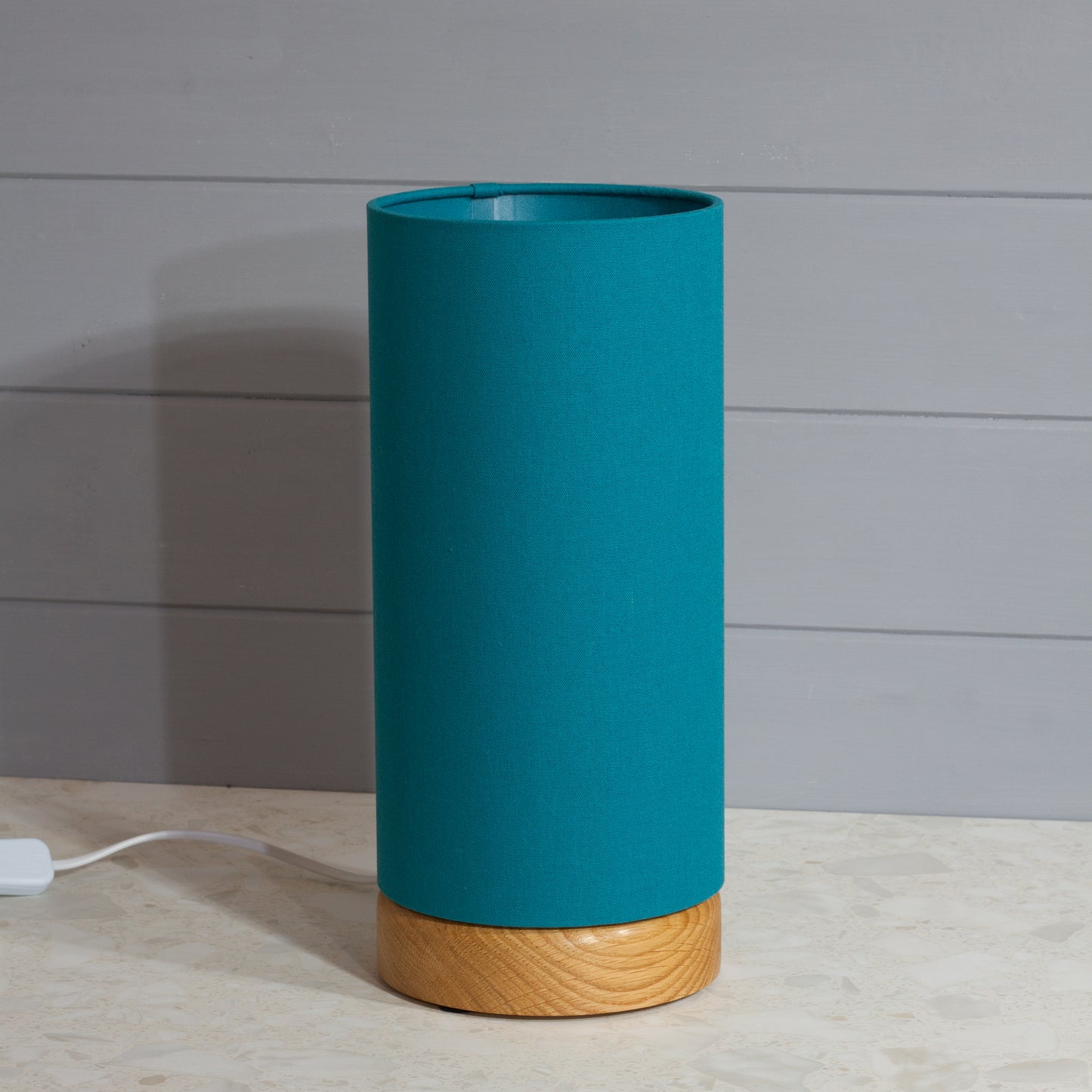 Round Oak Table Lamp (15cm) with 15cm x 30cm Drum Lampshade in F185 ~ Teal Linen Fabric