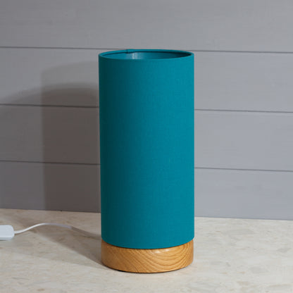 Round Oak Table Lamp (15cm) with 15cm x 30cm Drum Lampshade in F185 ~ Teal Linen Fabric