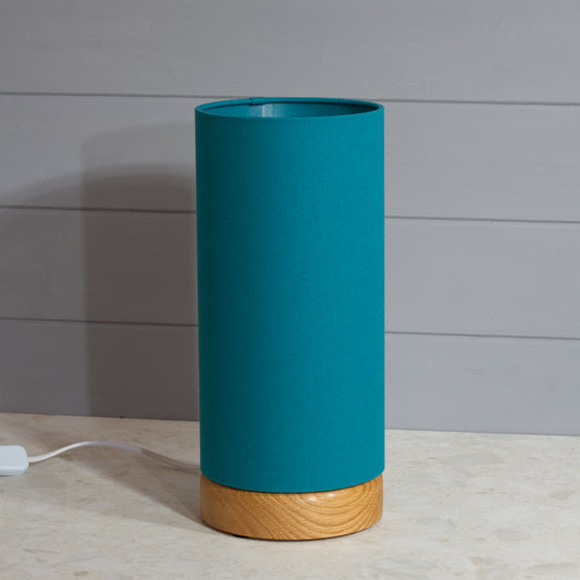 Round Oak Table Lamp (15cm) with 15cm x 30cm Drum Lampshade in F185 ~ Teal Linen Fabric