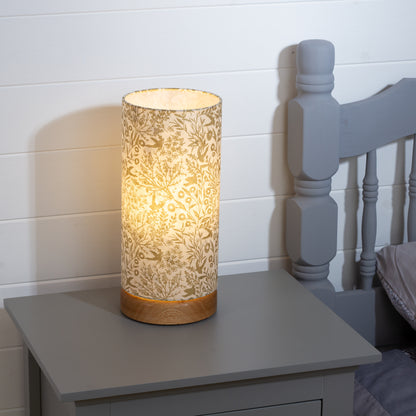 Round Oak Table Lamp (15cm) with 15cm x 30cm Drum Lampshade in B135 ~ Gold Birds