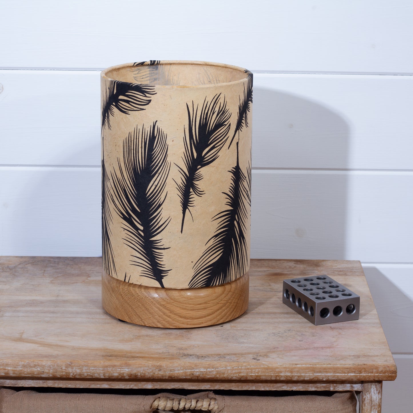 Flat Round Oak Table Lamp with 15cm x 20cm Lampshade in B102 - Black Feathers