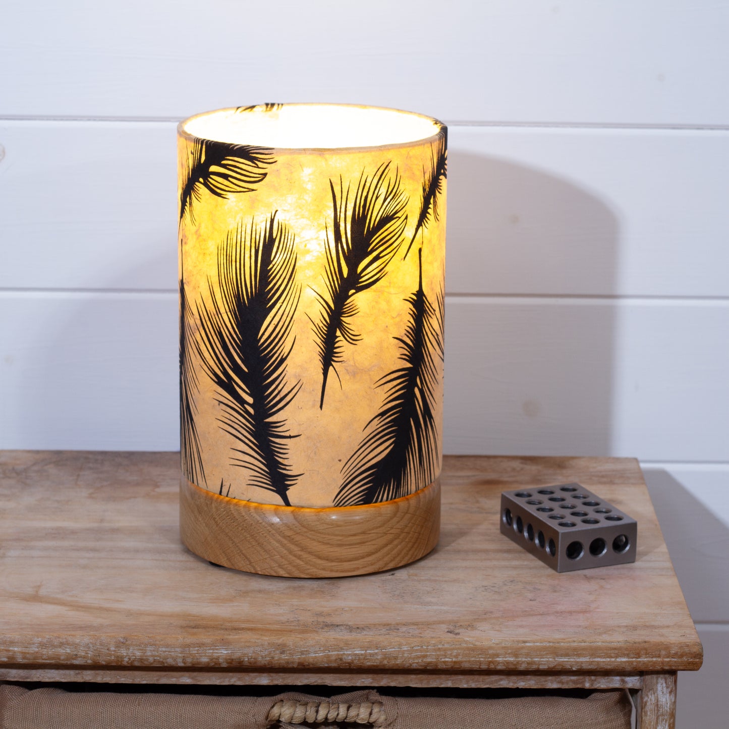 Flat Round Oak Table Lamp with 15cm x 20cm Lampshade in B102 - Black Feathers