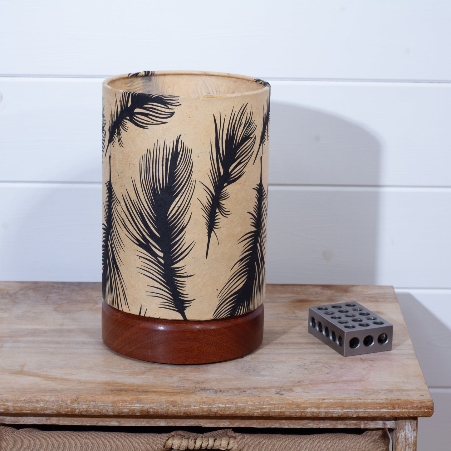 Flat Round Sapele Table Lamp with 15cm x 20cm Lampshade in B102 - Black Feathers