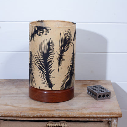 Flat Round Sapele Table Lamp with 15cm x 20cm Lampshade in B102 - Black Feathers